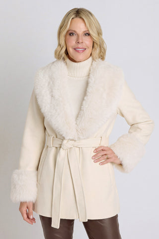 Isabel Fur Trim Coat in Pearl worn by model, belted ivory wool-blend coat with pearl faux fur collar and cuffs, front view, The Noli Shop