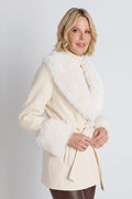 Isabel Fur Trim Coat in Pearl, alternate angle showing the faux fur cuffs and waist belt, The Noli Shop