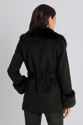 Isabel Fur Trim Coat detail view of the faux fur collar and belted waist, The Noli Shop