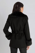 Isabel Fur Trim Coat detail view of the faux fur collar and belted waist, The Noli Shop