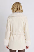 Isabel Fur Trim Coat in Pearl detail view of the faux fur collar and belted waist, The Noli Shop