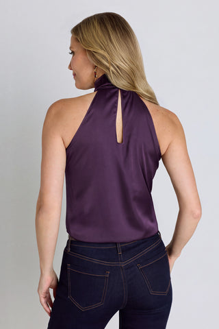 Back view of the Rina Tie Neck Blouse in Midnight Plum showing the keyhole detail