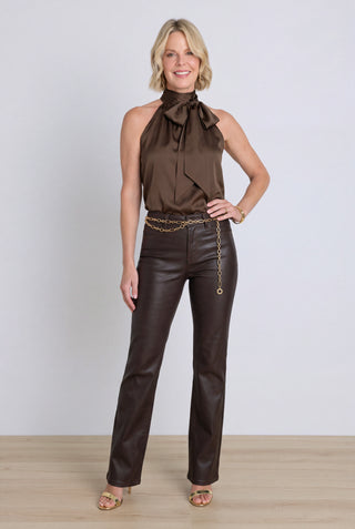 Rina Tie Neck Blouse in Espresso styled view showing the tie neckline, The Noli Shop