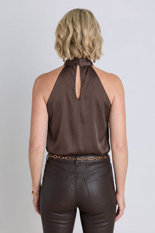Rina Tie Neck Blouse in Espresso worn by model, alternate angle, The Noli Shop