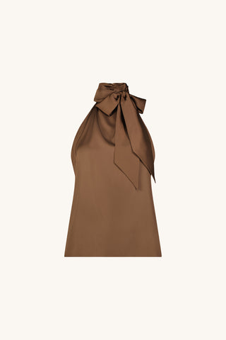 Rina Tie Neck Blouse in Espresso flat lay showing the deep espresso brown, The Noli Shop