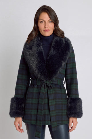 Isabel Fur Trim Coat - Tartan