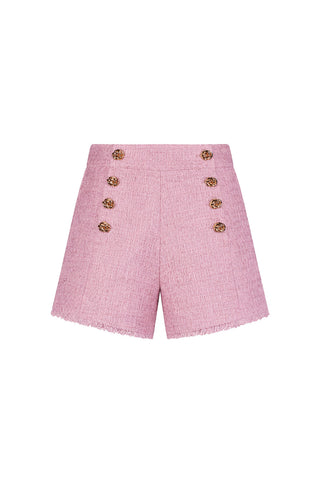 The Tamara Tweed Button Short - Blush is a high-waisted pink short with a raw hem, six gold decorative buttons on the front, and a gold side zipper for an elegant look.