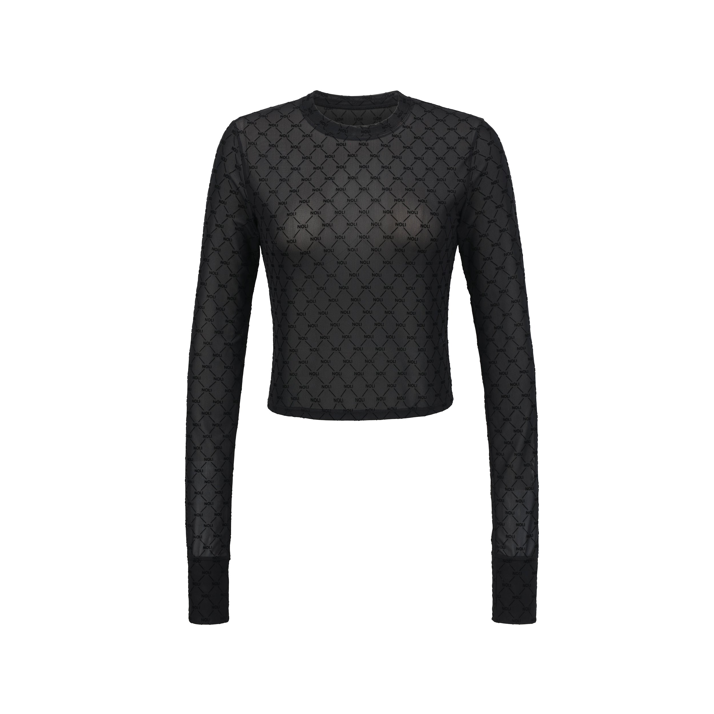 Product view of top featuring our ultra-soft and comfortable NOLI monogram flocked mesh topped with a slim fit and thumbholes