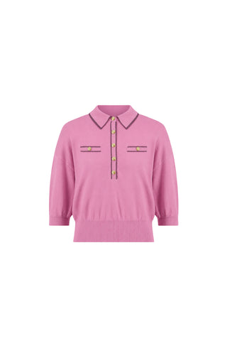 The Bobbi Polo Shirt - Dusty Rose is a short-sleeved, ultra-soft knit top with a ribbed hem, button-up front, chest buttons, decorative horizontal lines, and contrasting trim on the collar and chest accents.