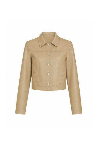 Joelle Jean Jacket - Champagne: Tan faux leather jacket with a classic collar, front snap buttons, long sleeves, and two vertical front pockets, shown on a white background.