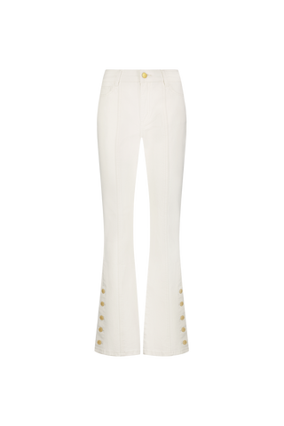 The Veronica Button Jean - Ivory features a high-waisted, flared silhouette in four-way stretch denim with front seams and gold button rows at the outer ankle hems. Set against a plain white background.
