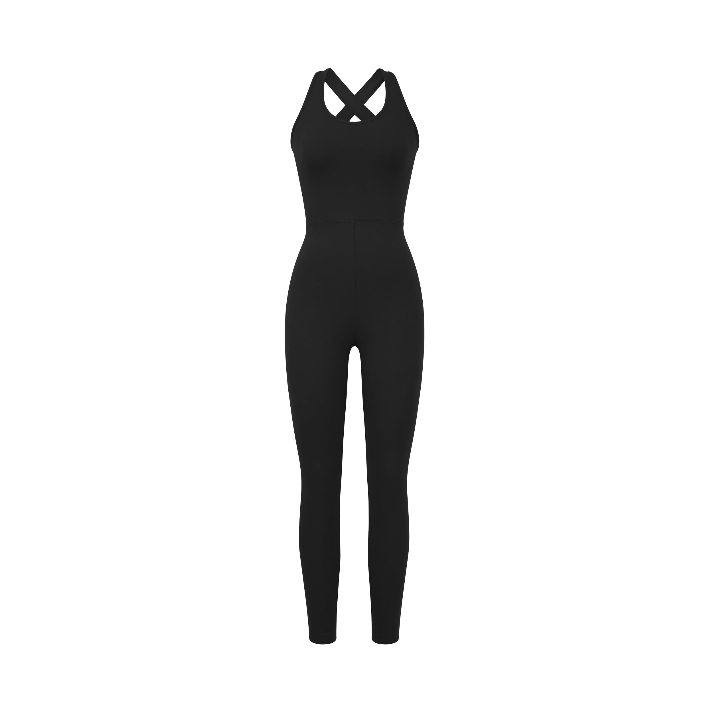Product view of black jumpsuit designed with a figure-flattering waistline and strappy back. 