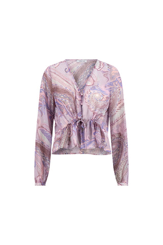 Introducing the Whitney Chiffon Top - Pastel Paisley: a light purple boho blouse with a pastel paisley print, V-neck, front buttons, cinched drawstring waist, and a ruffled peplum hem.