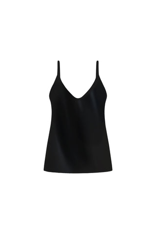 The Yara Silk Camisole - Black is a satin camisole with thin straps and a deep v-neck, shown against a plain white background.