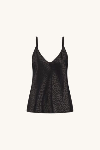 Yara Silk Camisole in Black Leopard, flat lay. Black satin camisole with tone-on-tone leopard jacquard, V-neck and adjustable straps, The Noli Shop