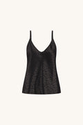 Yara Silk Camisole in Black Leopard, flat lay. Black satin camisole with tone-on-tone leopard jacquard, V-neck and adjustable straps, The Noli Shop