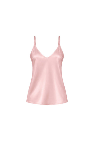 The Yara Silk Camisole - Blush showcases a light satin finish, V-neckline, and delicate adjustable straps, shown against a plain white background.