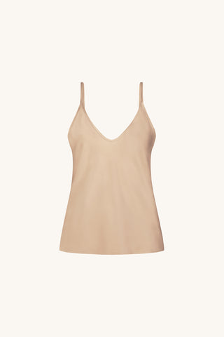 Yara Silk Camisole in Champagne, flat lay. Pale gold satin camisole with V-neck and adjustable straps, The Noli Shop