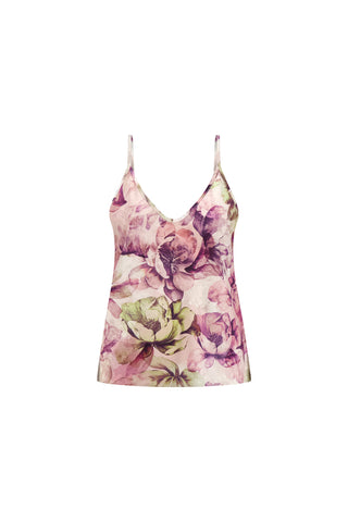 The Yara Silk Camisole - French Garden features a charming pink and purple floral print with adjustable straps for a perfect fit.
