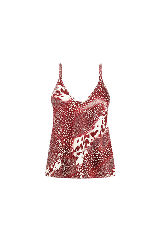 The Yara Silk Camisole - Garnet Crush is a red and white sleeveless top with thin straps, a deep v-neck, and an abstract dotted multi-animal print, shown on a plain white background.