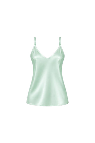 The Yara Silk Camisole - Mint features a light green satin finish, adjustable straps, and a subtle V-neckline, shown against a plain white background.