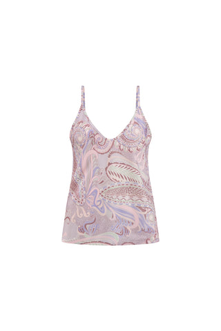 The Yara Silk Camisole - Pastel Paisley is a pink and purple tank top with adjustable straps for a perfect fit.