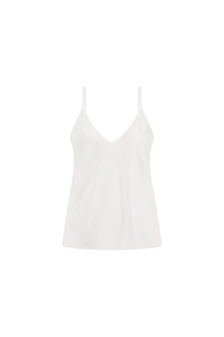 The Yara Silk Camisole - Pearl is a white, silky tank top with straps, perfect for layering or wearing on its own.