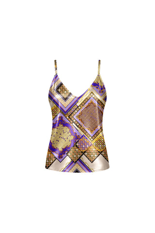 The Yara Silk Camisole - Riviera Chain is a sleeveless, V-neck top with adjustable straps, featuring a silky feel and a geometric chain-inspired pattern in purple, gold, and beige on white.