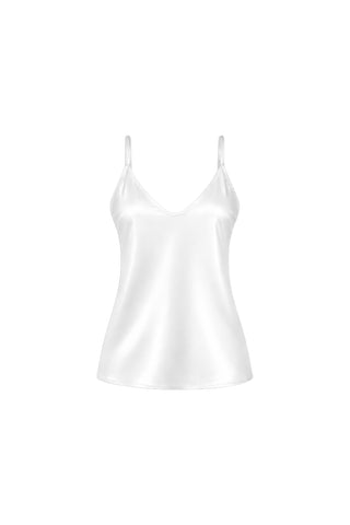 The Yara Silk Camisole - White is a silky white camisole with thin adjustable straps and a flattering V-neckline, shown on a plain white background.