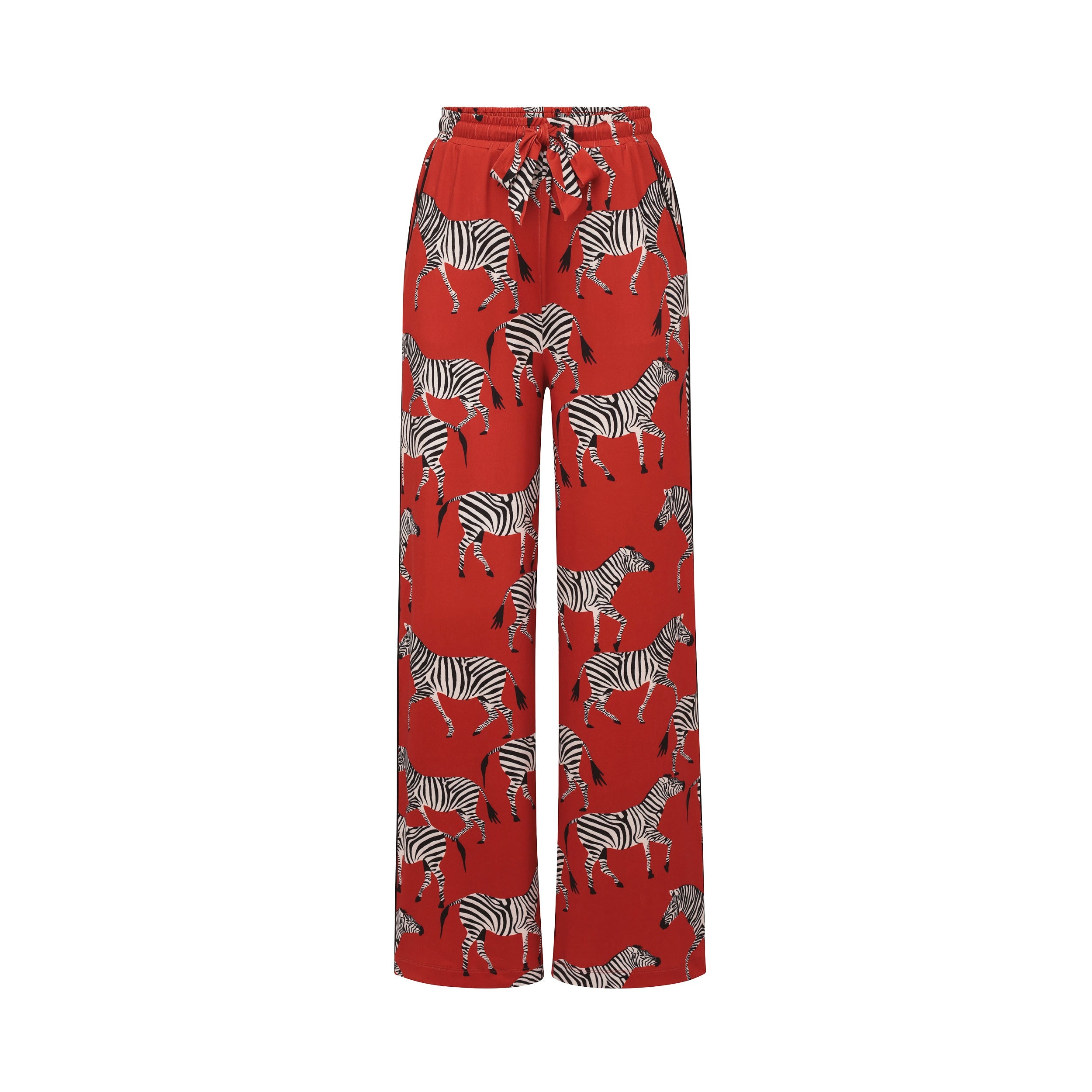 Product view of breathable, relaxed and buttery smooth pajama pant featuring high-waist cut, side pockets, front tie and stunning Zebra print.