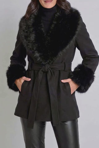 Isabel Fur Trim Coat - Black