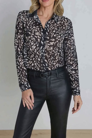 Video of the Ana Chiffon Blouse in Black/White Leopard in motion, showing the fluid chiffon drape and black and white leopard print.