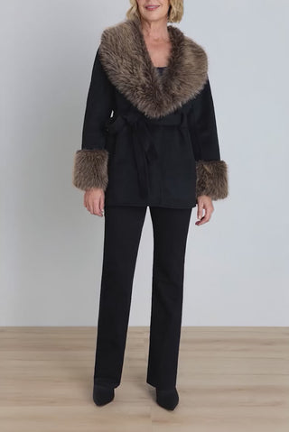 Isabel Fur Trim Coat - Black/Brown