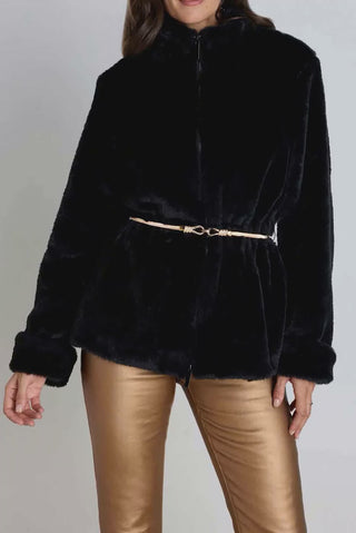 Antonia Belted Fur Jacket - Black