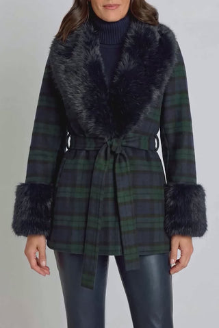 Isabel Fur Trim Coat - Tartan